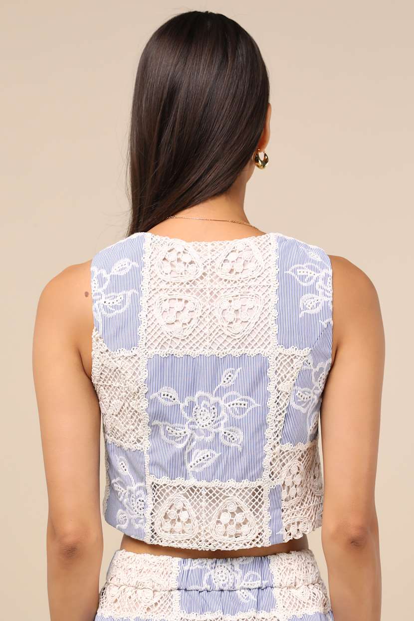 Elfreda Blue and Cream Crochet Knit Patchwork Tie-Front Top