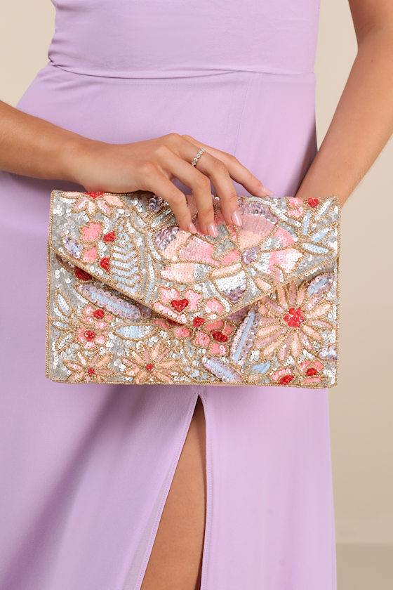 Lulus Lucasta Peach Multi Beaded Sequin Clutch In Peach