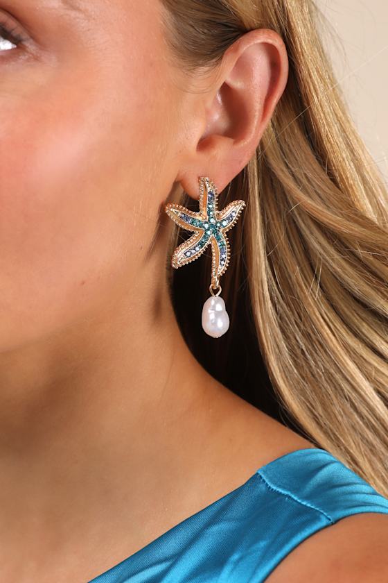 Lulus Asterina Blue And Gold Rhinestone Starfish Earrings