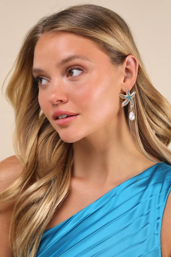 Lulus Asterina Blue And Gold Rhinestone Starfish Earrings