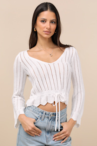 Casual Concept White Knit Drawstring Cropped Sweater Top