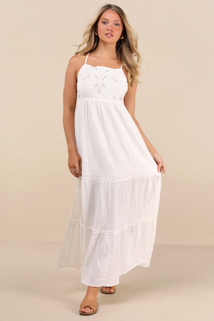Lisbon White Embroidered Tiered Maxi Dress