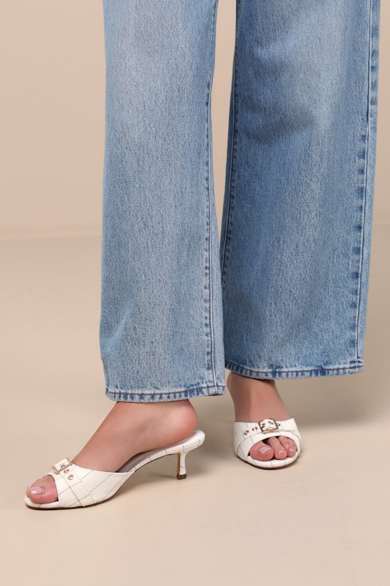 Shop Lulus Vendela White Pinstriped Buckle Kitten Heel Slide Sandals