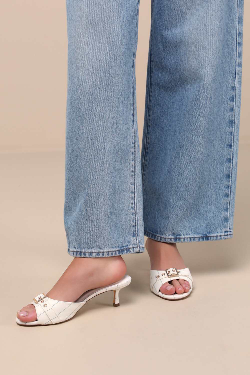 Vendela White Pinstriped Buckle Kitten Heel Slide Sandals