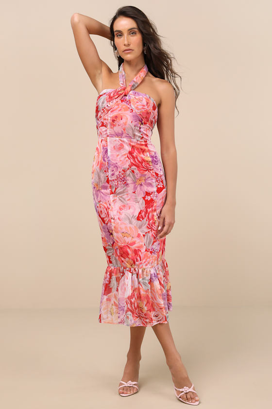 Lulus Juno Red Multi Floral Halter Trumpet Midi Dress