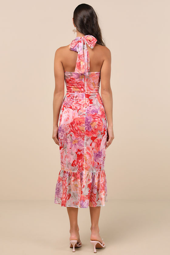 Lulus Juno Red Multi Floral Halter Trumpet Midi Dress