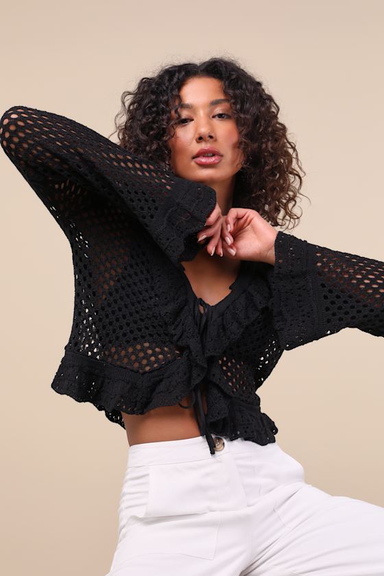 Lulus Izara Black Crochet Knit Tie-front Long Sleeve Top