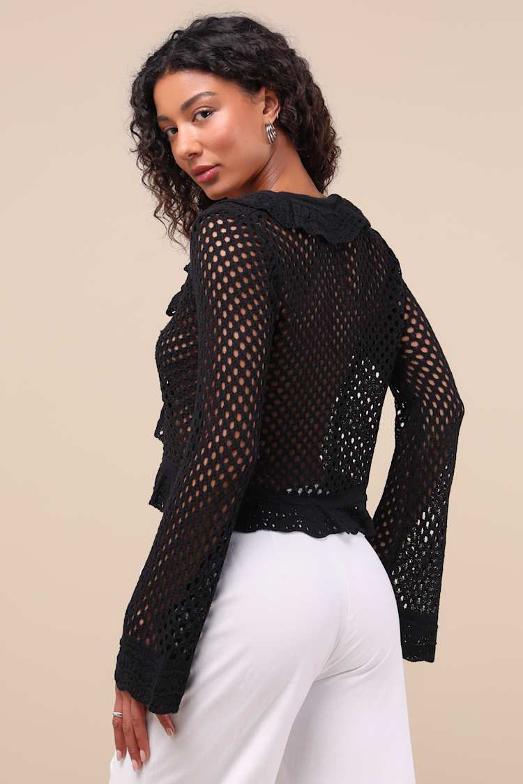 Izara Black Crochet Knit Tie-Front Long Sleeve Top
