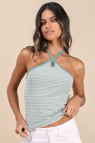 Delightful Pose Sage Striped Ribbed Knit Keyhole Halter Top 2