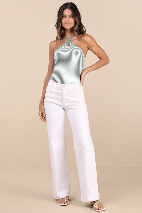 LULUS DELIGHTFUL POSE SAGE STRIPED RIBBED KNIT KEYHOLE HALTER TOP