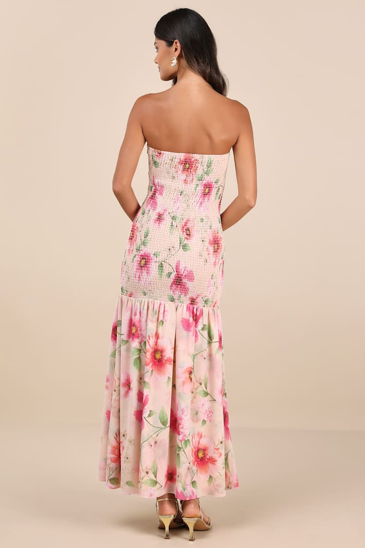 Balbina Beige Floral Smocked Drop Waist Maxi Dress