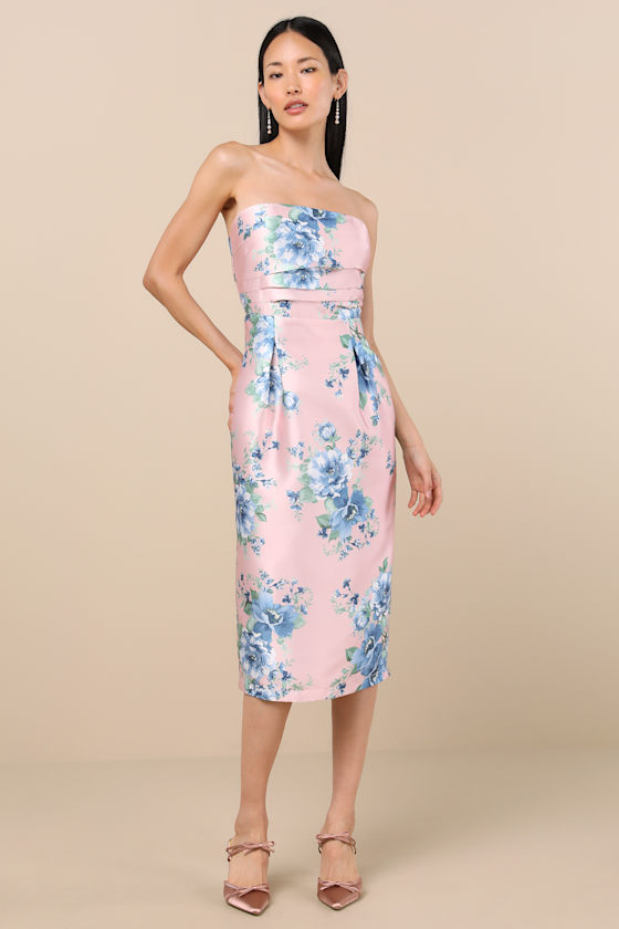 Aloysia Pink and Blue Floral Jacquard Strapless Midi Dress
