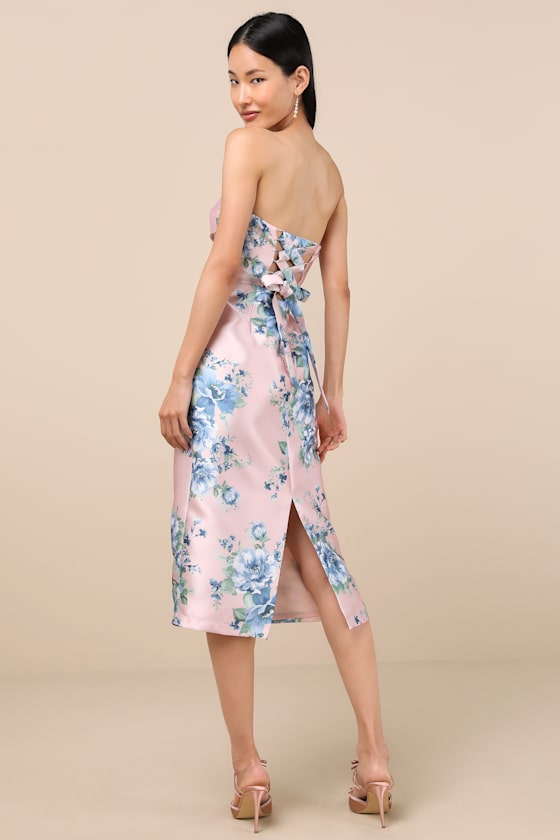 Lulus Aloysia Pink And Blue Floral Jacquard Strapless Midi Dress