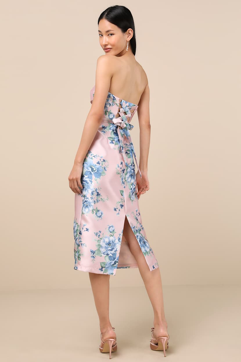 Pink & Blue Floral Dress - Jacquard Midi Dress - Strapless Dress - Lulus Pink & Blue Floral Dress - Jacquard Midi Dress - Strapless Dress - Lulus