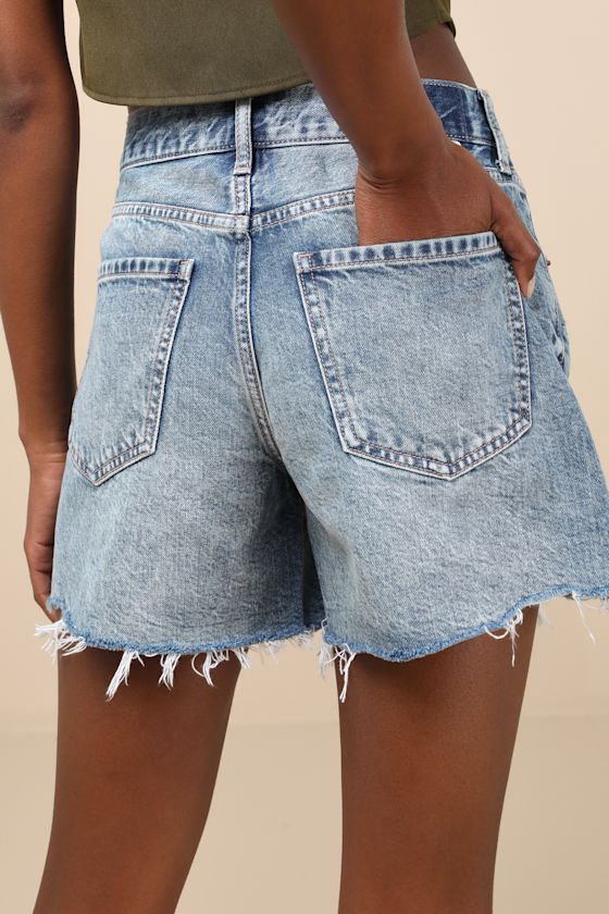 Daze Denim Crossroads Medium Wash Distressed Mid-rise Cutoff Shorts In Blue