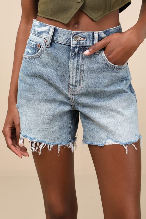 Daze Denim Crossroads Medium Wash Distressed Mid-rise Cutoff Shorts In Blue