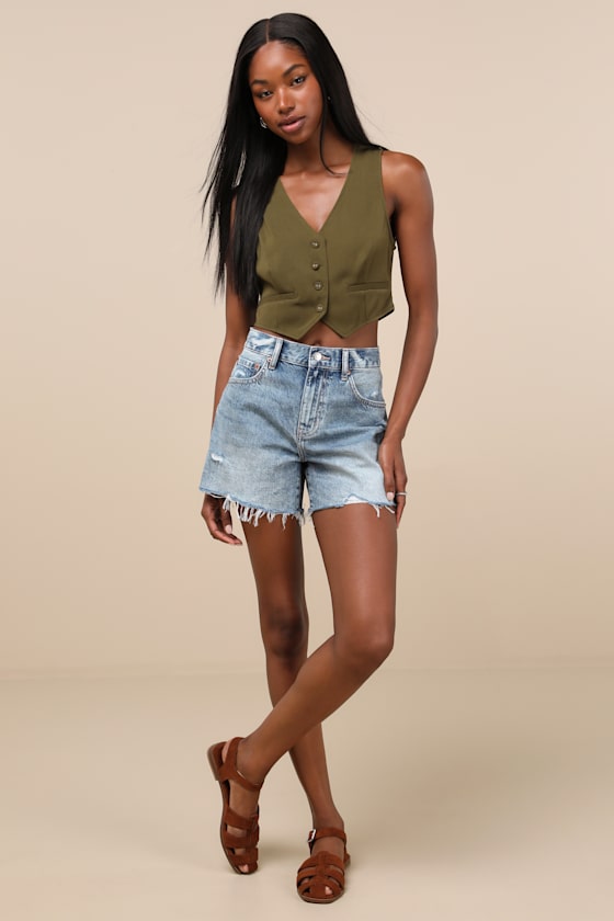 Daze Denim Crossroads Medium Wash Distressed Mid-rise Cutoff Shorts In Blue