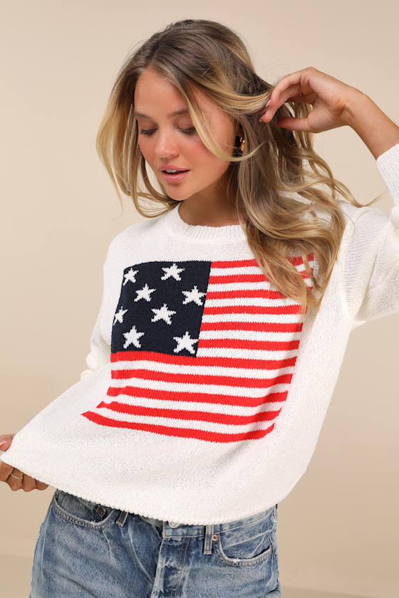 Lulus Sofija Ivory American Flag Knit Crew Neck Pullover Sweater