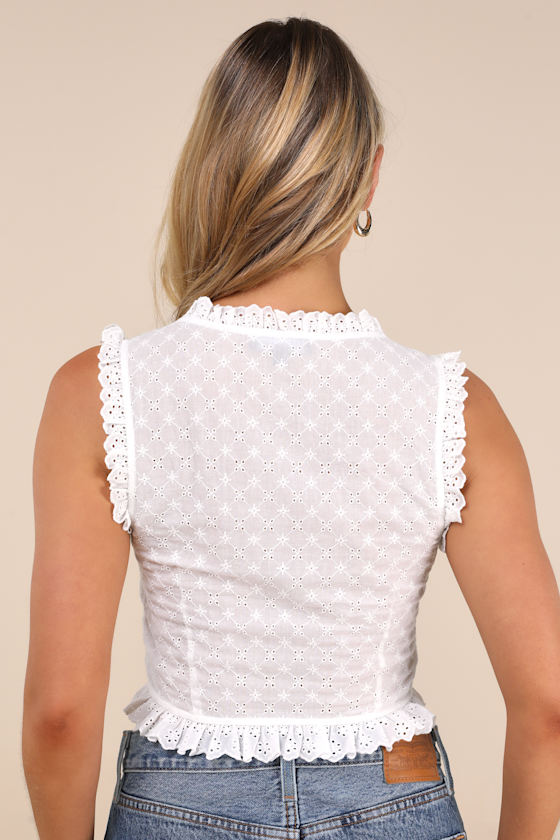 Lulus Cintia White Eyelet Embroidered Button-front Crop Top
