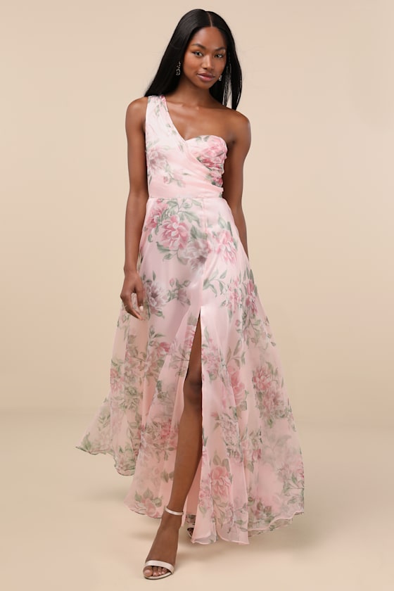 Image of Truly Extraordinary Pink Floral Organza One-Shoulder Maxi Dress