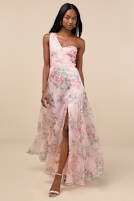 Truly Extraordinary Pink Floral Organza One-Shoulder Maxi Dress