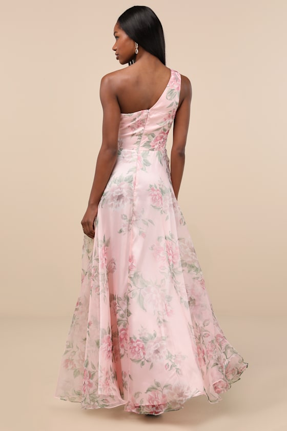 Lulus Truly Extraordinary Pink Floral Organza One-shoulder Maxi Dress In Pink
