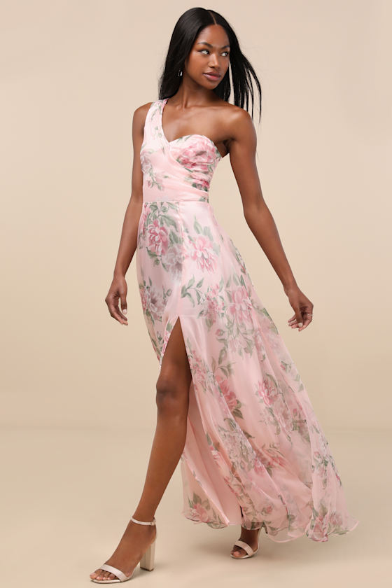 Lulus Truly Extraordinary Pink Floral Organza One-shoulder Maxi Dress In Pink