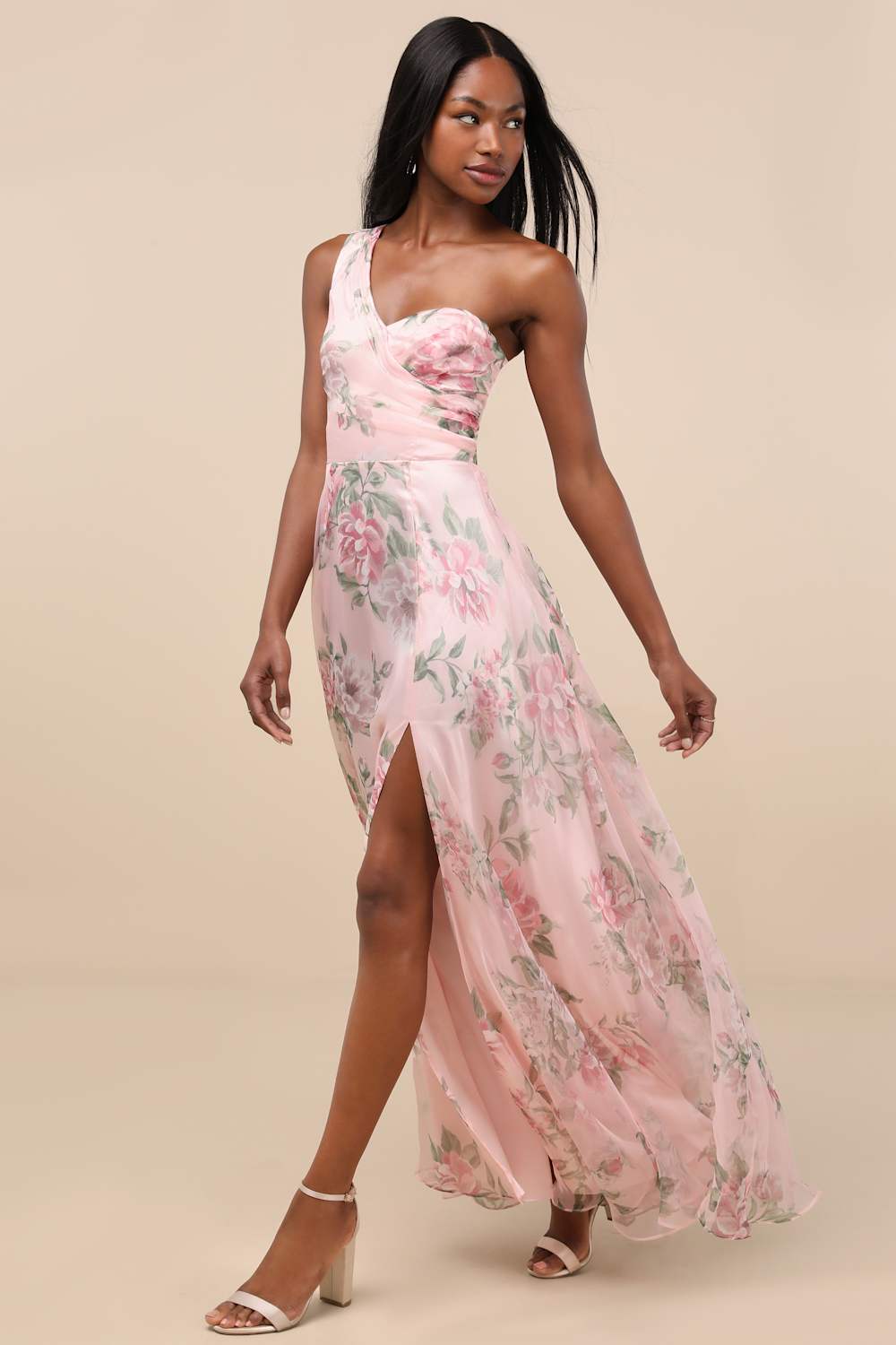 Truly Extraordinary Pink Floral Organza One-Shoulder Maxi Dress