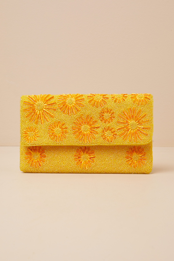 Lulus Exclusive Presence Yellow Beaded Floral Clutch In Yellow