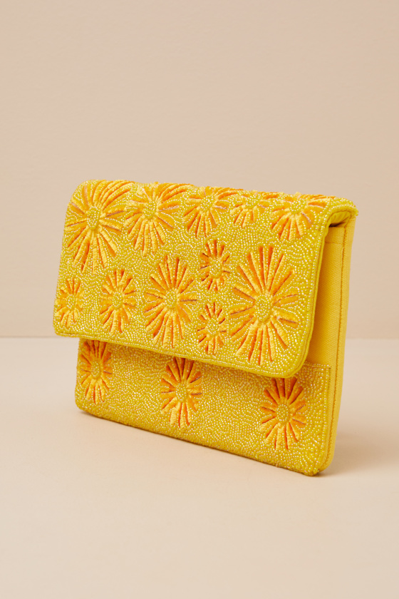 Lulus Exclusive Presence Yellow Beaded Floral Clutch In Yellow