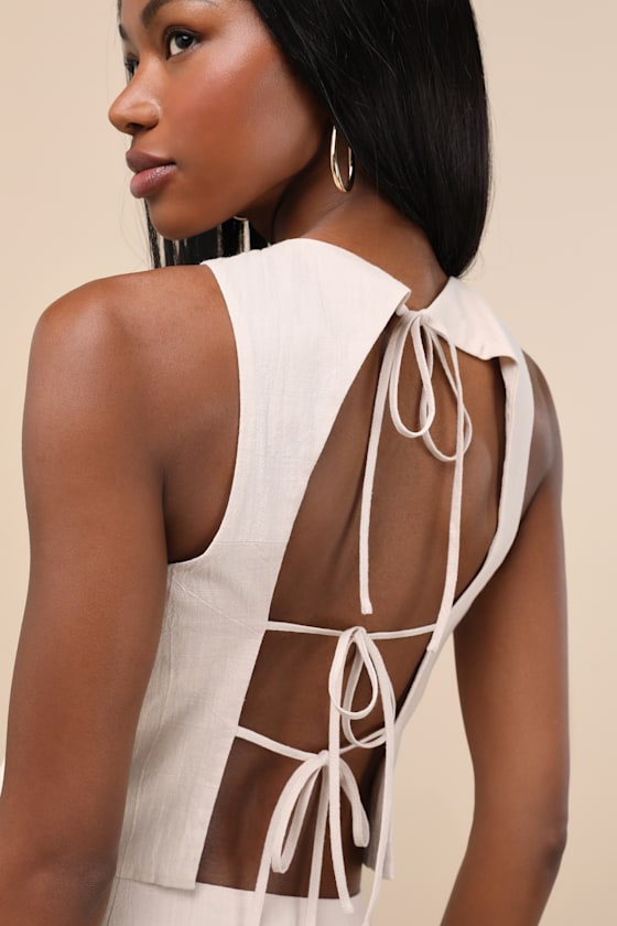 Aubin Light Beige Tie-Back Sleeveless Crop Top 1