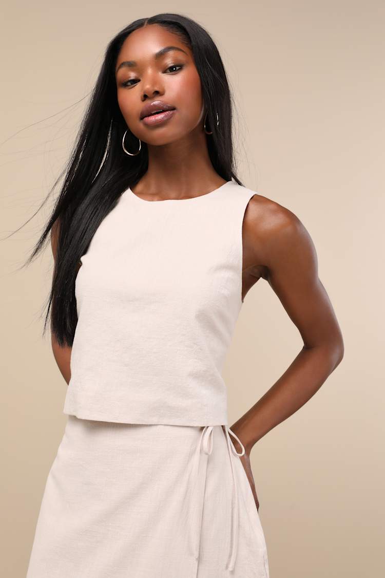 Aubin Light Beige Tie-Back Sleeveless Crop Top