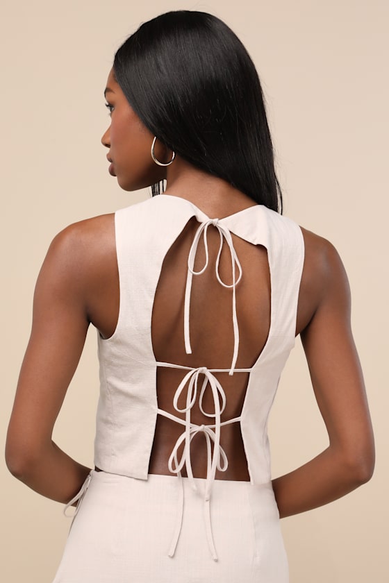 Lulus Aubin Light Beige Tie-back Sleeveless Crop Top In Beige