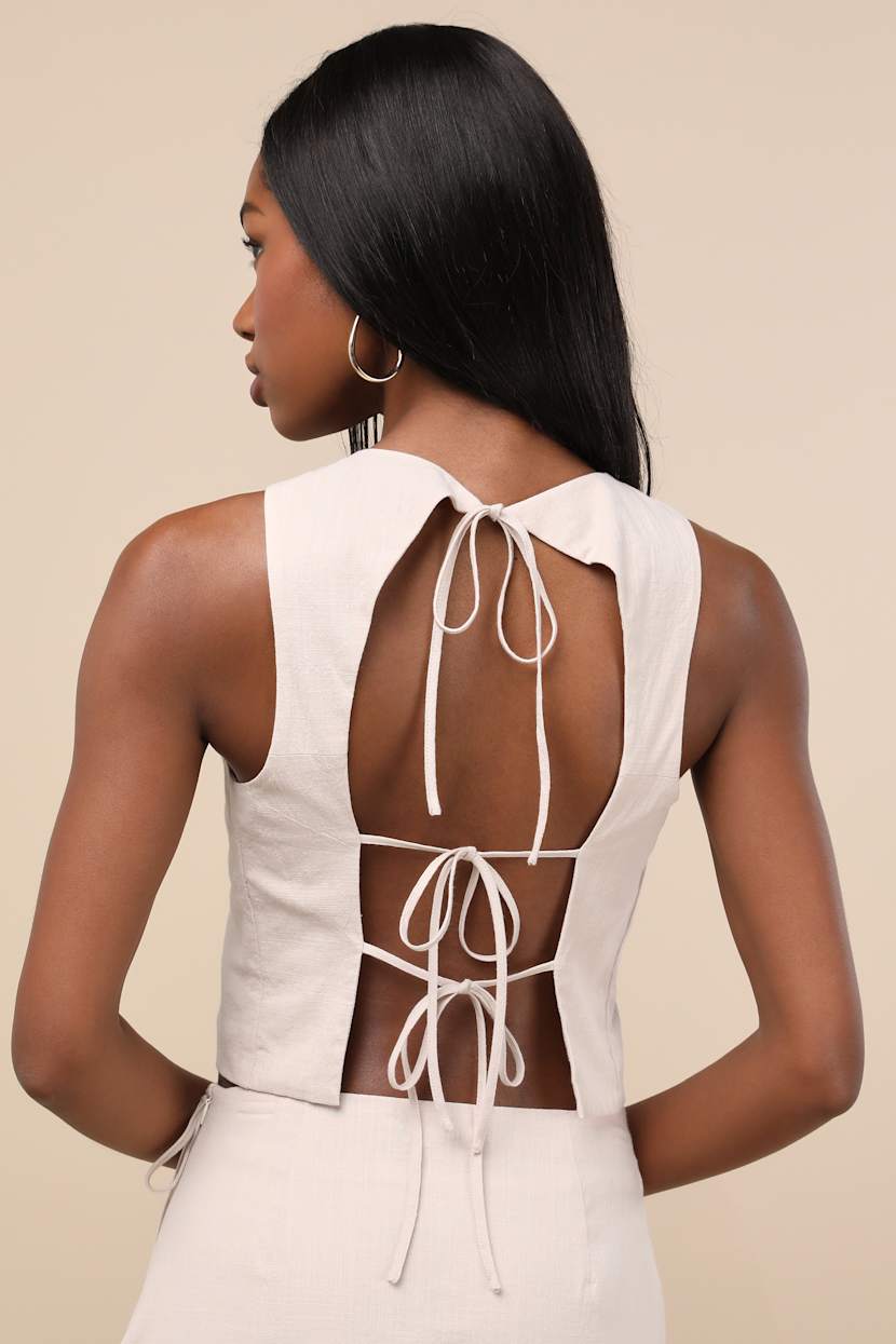 Aubin Light Beige Tie-Back Sleeveless Crop Top