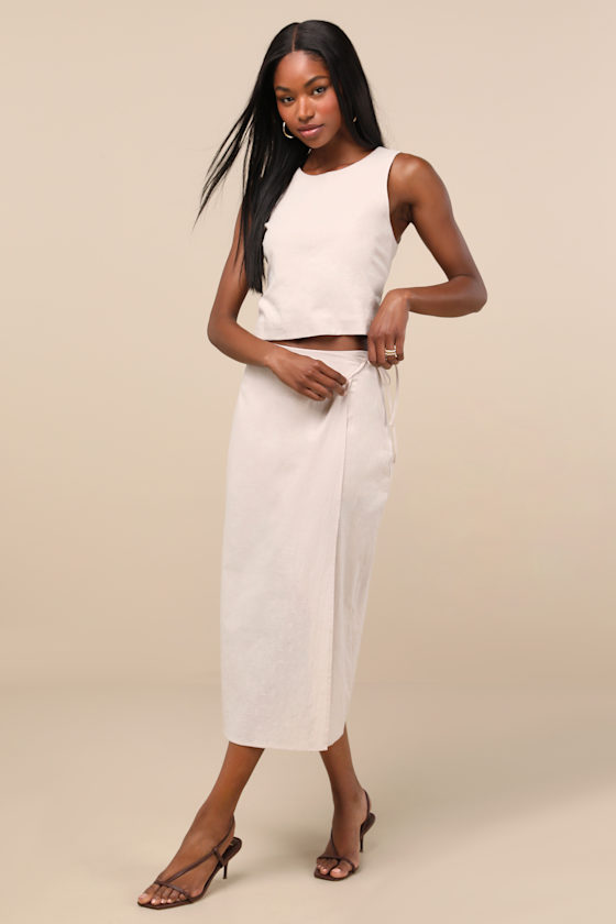 LULUS AUBIN LIGHT BEIGE COLUMN WRAP MIDI SKIRT