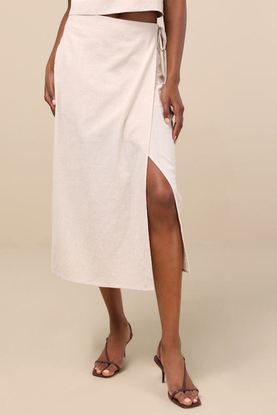 LULUS AUBIN LIGHT BEIGE COLUMN WRAP MIDI SKIRT