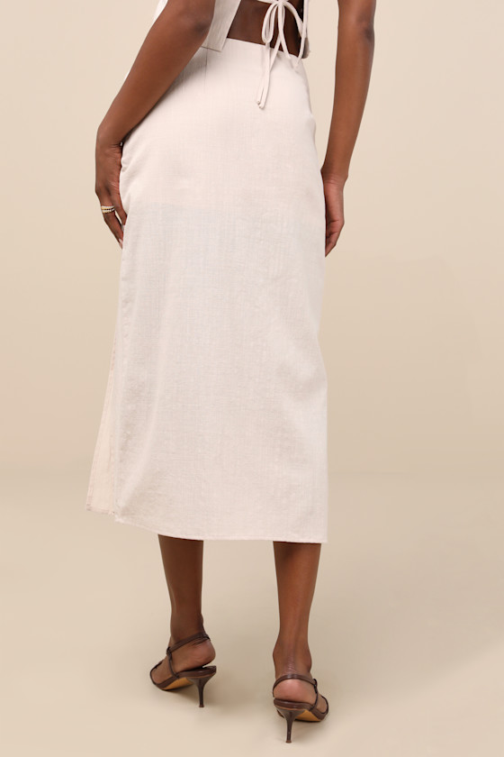LULUS AUBIN LIGHT BEIGE COLUMN WRAP MIDI SKIRT