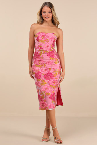 Upgraded Event Pink Jacquard Strapless Bustier Midi Dress 5