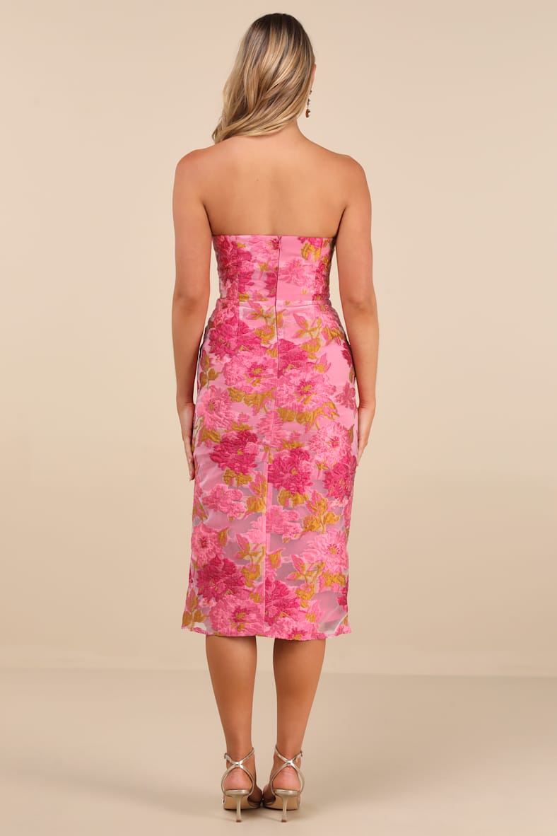 Upgraded Event Pink Floral Jacquard Strapless Bustier Midi Dress