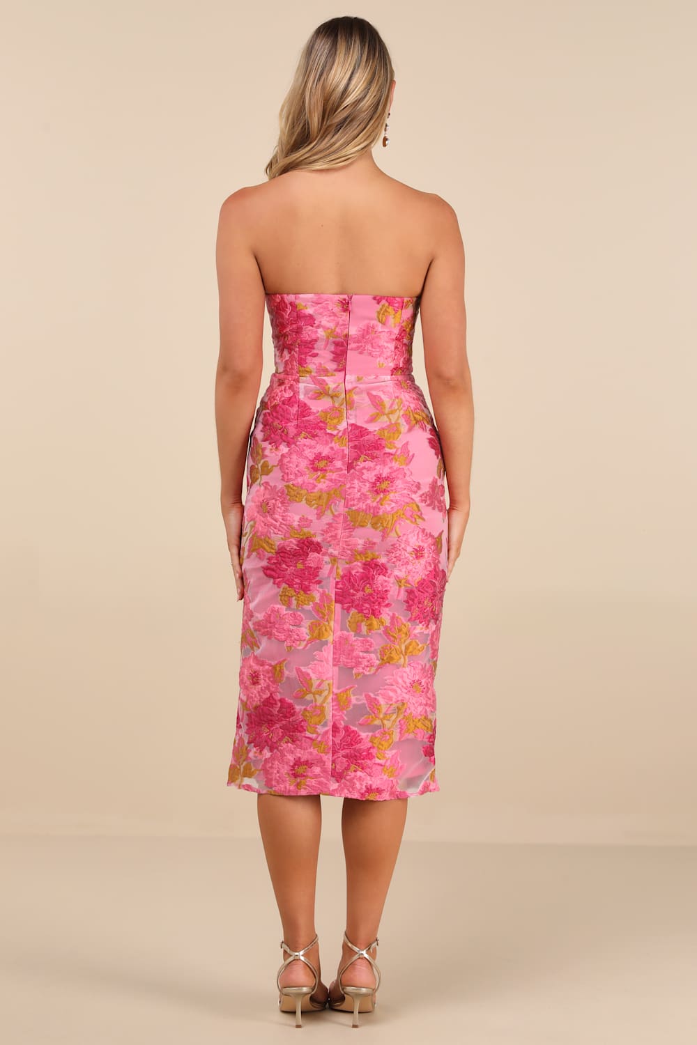 Upgraded Event Pink Floral Jacquard Strapless Bustier Midi Dress