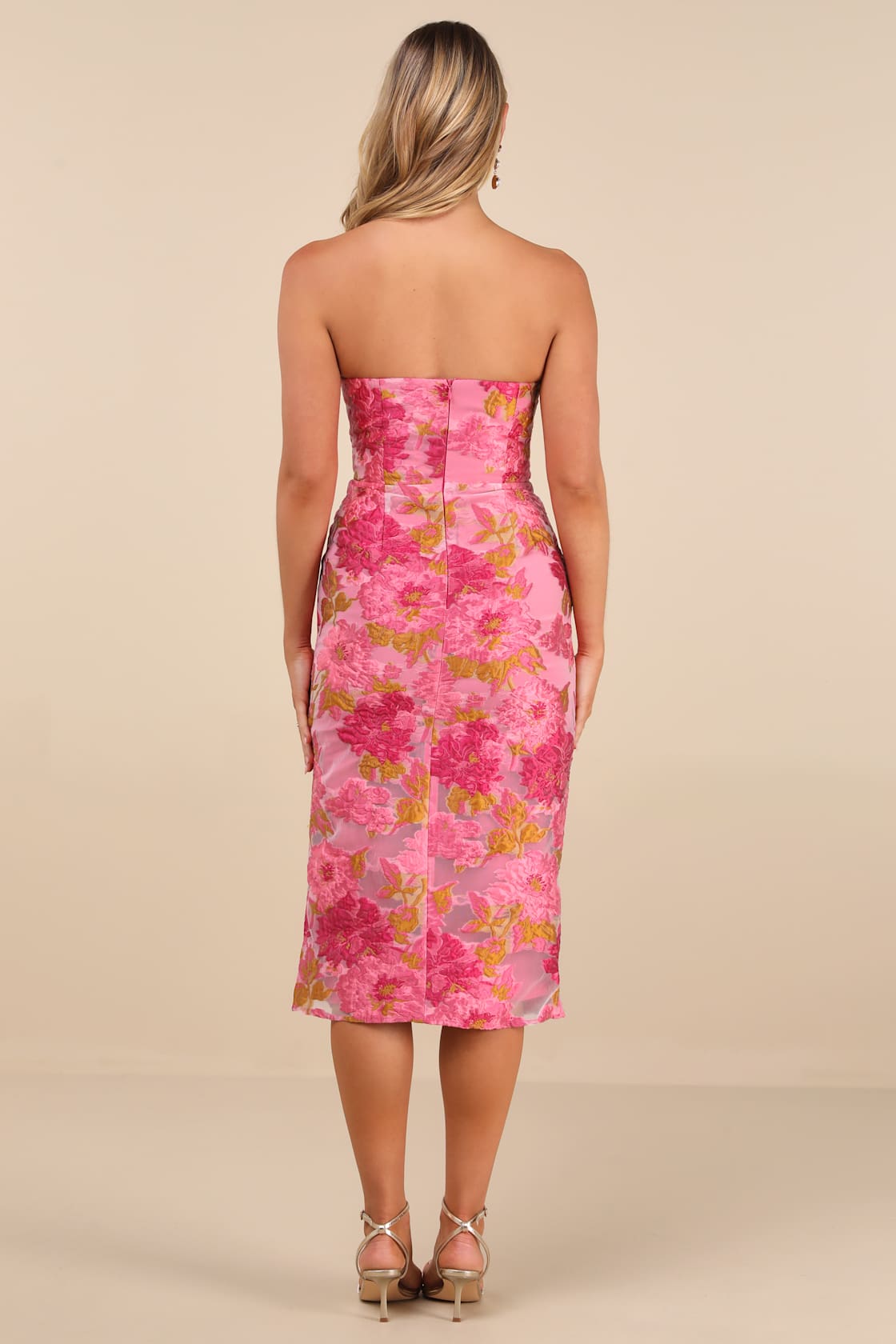 Upgraded Event Pink Floral Jacquard Strapless Bustier Midi Dress