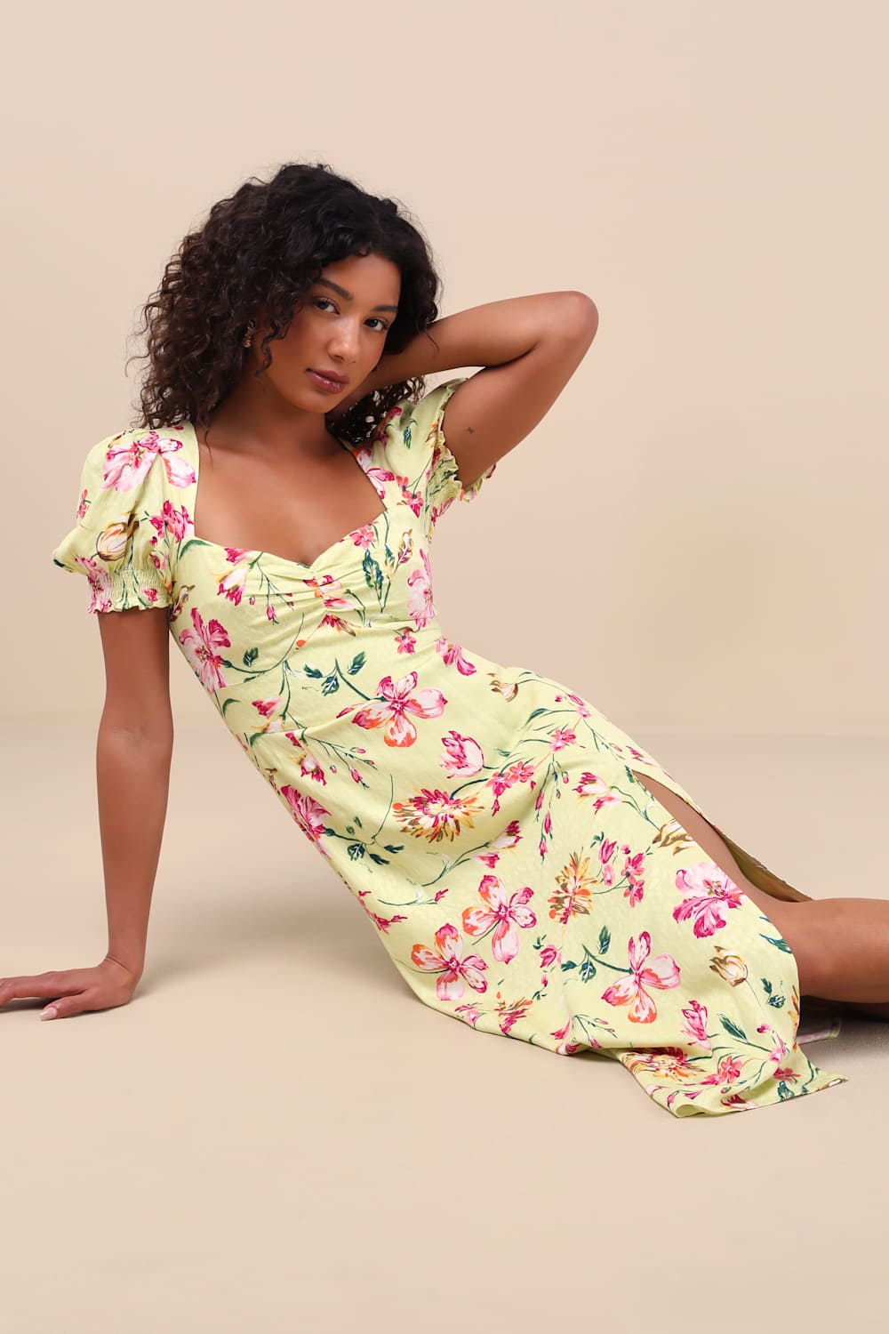 Parisian Picnic Green Floral Jacquard Puff Sleeve Midi Dress