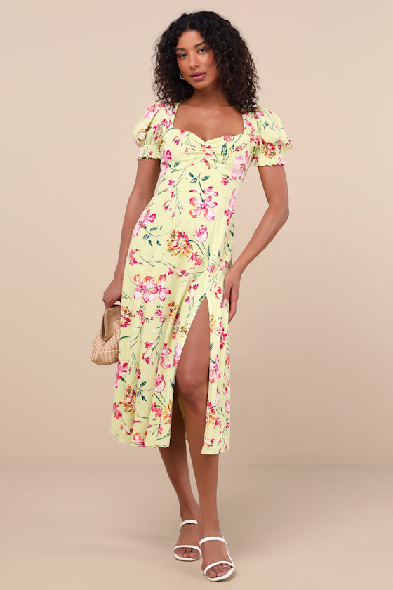 Lulus Parisian Picnic Green Floral Jacquard Puff Sleeve Midi Dress In Multi