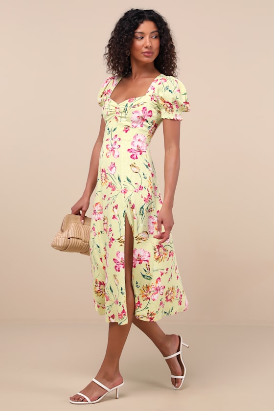 Lulus Parisian Picnic Green Floral Jacquard Puff Sleeve Midi Dress In Multi