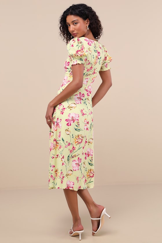 Lulus Parisian Picnic Green Floral Jacquard Puff Sleeve Midi Dress In Multi
