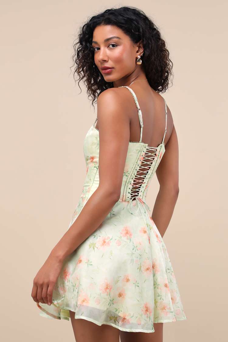 Armelle Light Green Floral Lace-Up Mini Dress