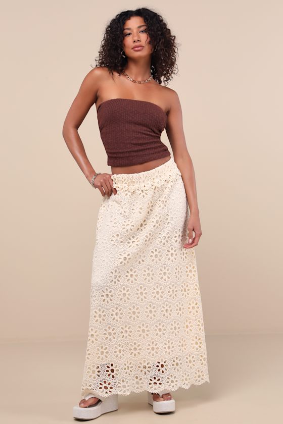 Lulus Kiros Cream Floral Eyelet Embroidered Maxi Skirt
