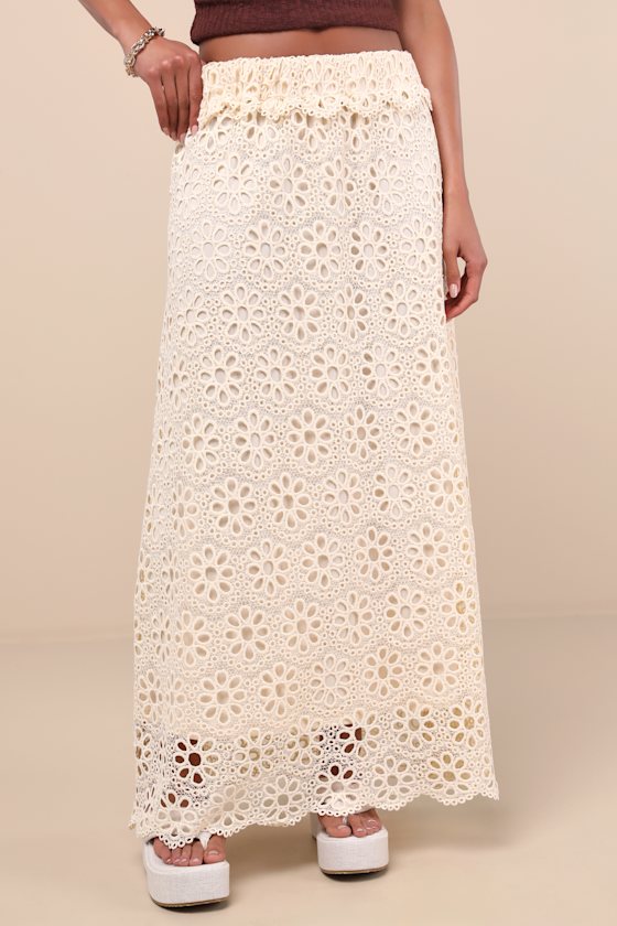 Lulus Kiros Cream Floral Eyelet Embroidered Maxi Skirt