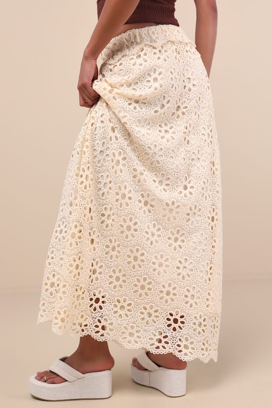 Lulus Kiros Cream Floral Eyelet Embroidered Maxi Skirt