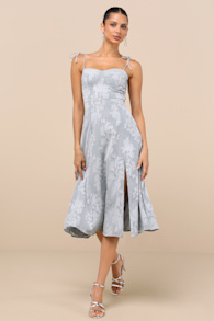 Loveliest Looks Dusty Blue Floral Jacquard Tie-Strap Midi Dress